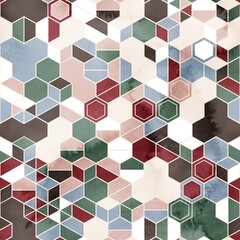 Seamless pattern of hexagons in random colors in watercolor. High quality illustration. Tile mosaic arrangement of triangles, trapezoids, and hexagons, in honeycomb arrangement. Design for print.