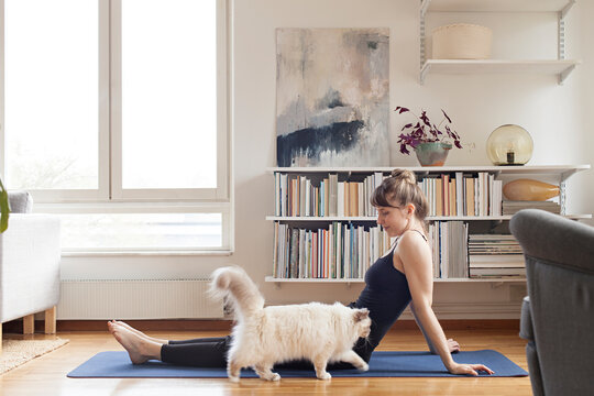 Cat walking near woman sitting on yoga mat