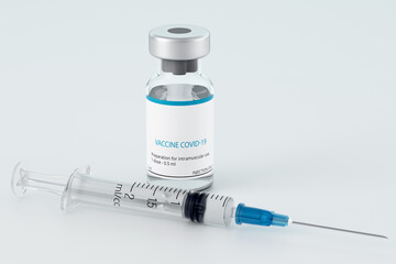 Bottle with a new, modern single-component vaccine against the coronavirus CAVID-19 (SARS-CoV-2). A syringe filled with an injection. 3D rendering. Copy space