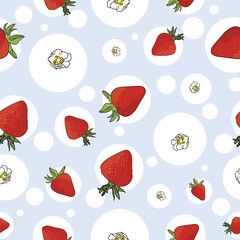 Vector pastel blue background garden strawberries, berry flowers, berries fruits. Seamless pattern background