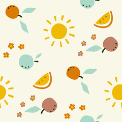 Seamless vector pattern with sun and fruits