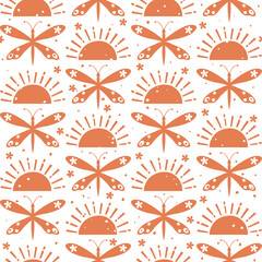 Seamless vector pattern with sun, dragonflies and flowers