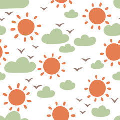 Seamless vector pattern with sun, clouds and birds in the sky