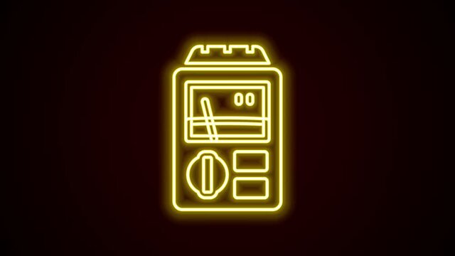 Glowing neon line Dosimeter for measuring radiation icon isolated on black background. Gamma radiation personal dosimeter. 4K Video motion graphic animation