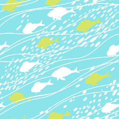 Fototapeta premium Seamless pattern with hand drawn sea waves in sketch style. Vector endless background in blue colors