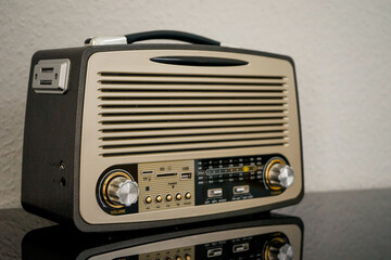 Vintage radio, retro Bluetooth speaker. Retro Bluetooth Speaker, FM Radio with Old Fashioned Classic Style.