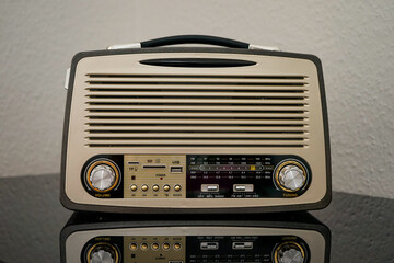 Vintage radio, retro Bluetooth speaker. Retro Bluetooth Speaker, FM Radio with Old Fashioned Classic Style.