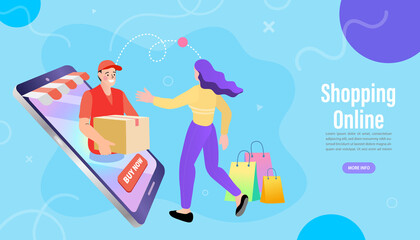 The magic of modern e-commerce. A courier emerges from a smartphone screen to deliver a package to a happy woman, illustrating a seamless online shopping and home delivery service.