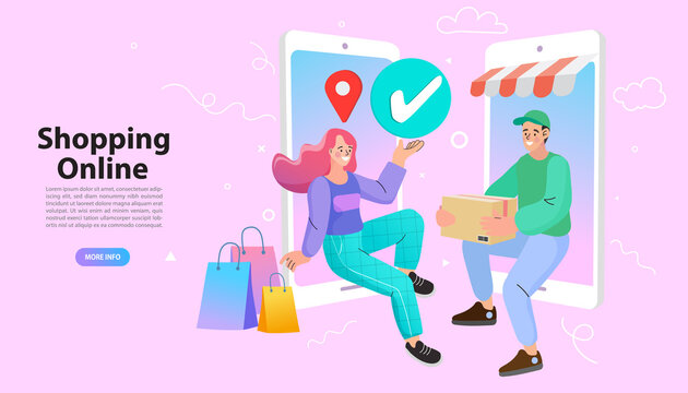 Online shopping services. Smartphone marketing and e-commerce. mobile app, landing page. Shopping cart and laptop. Vector illustration. 