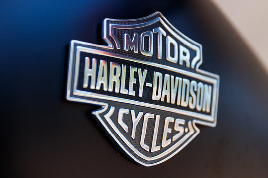 Harley Davidson logo and signage. Harley Davidson is attempting to update their image to appeal to new and younger buyers.