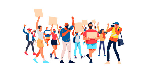 Peaceful rights protest, activists with placards, manifestation, men and women parade participation. Parade rights adult picket and strike. People hold banners. Cartoon Flat style vector illustration