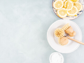 Zero waste plastic free dish house washing brush and natural cleaning product lemon and baking soda