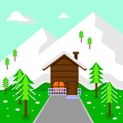 Fototapeta premium A winter house in a beautiful snowy forest. Wooden house icon. Snowy mountains. Flat style vector