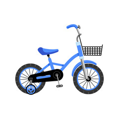 Blue children's bicycle with a basket. Bicycle, four-wheeled bicycle icon. Vector flat isolated object on a white background.