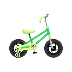 Green children's bike. Bicycle, four-wheeled bicycle icon. Vector flat isolated object on a white background.