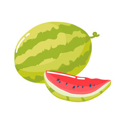 Watermelon and a slice of juicy watermelon isolated on a white background. Vector flat illustration.