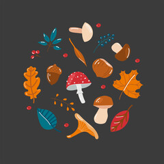 Composition of autumn leaves, berries, mushrooms and nuts. Vector flat collection in warm colors, isolated on a dark background.