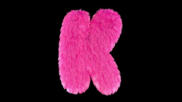 Pink fur letter K, 3D animated font, fluffy texture, with alpha channel.