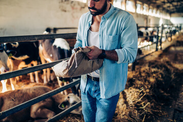 Young man working at farm in cow shed. Agriculture industry, farming.
