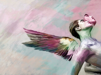 Painted illustration of graceful woman with wings of bird