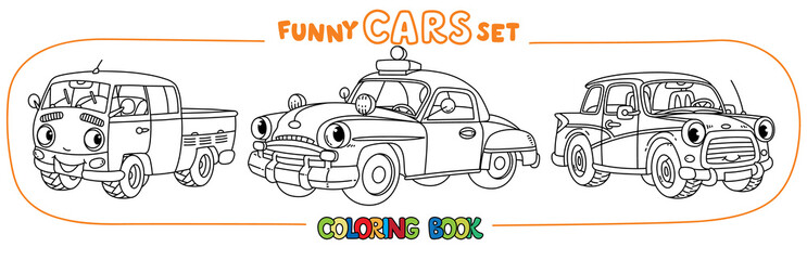 Funny small retro cars with eyes coloring book set