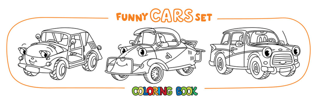 Funny small retro cars with eyes coloring book set