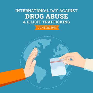 International day against drug abuse and illicit trafficking background design. Flat style vector illustration of hand gesture rejecting capsule and pill drugs.