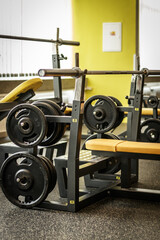 Gym interior with equipment. Sports equipment in the gym. Workout equipment. 