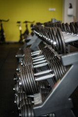 Fototapeta premium Close up of dumbbells . Row of dumbbells. Gym equipment. Row of dumbbells. fitness center.