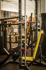 Gym interior with equipment. Sports equipment in the gym. Workout equipment. 