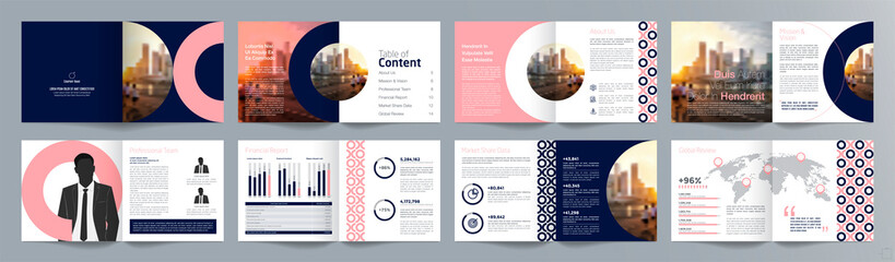 Corporate business presentation guide brochure template, Annual report, 16 page minimalist flat geometric business brochure design template, A4 size.