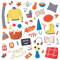 Cozy autumn season trendy elements set isolated. Fall sticker collection with leaves, pumpkin pie, sunflowers, sweater, hat, socks, knitting, rubber boots, basket with fruit. Vector flat illustration