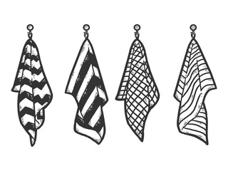 Towels are hanging from nail. Sketch scratch board imitation coloring.