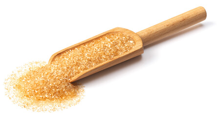 yellow sanding sugar in the wooden scoop, isolated on white background