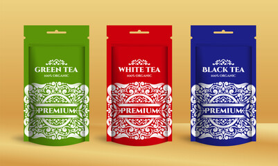 Tea packaging design with zip pouch bag mockup. Vector ornament template. Elegant, classic elements. Great for food, drink and other package types. Can be used for background and wallpaper.