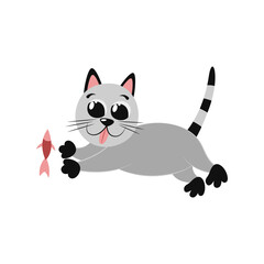 Funny cartoon gray cat runs with his tongue out. Delicious salmon fish. Lunch for pet. Cool flat illustration of cute kitten. Mascot character for stickers. For school supplies, children's clothing