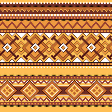 Original seamless pattern of stripes with geometric ornament in ethno style. Ocher coloring.