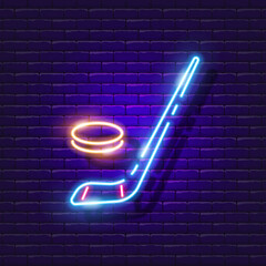 Hockey stick and puck neon icon. Winter active outdoor leisure ice skates. Skate rental sign. Winter sports concept. Hockey symbol.