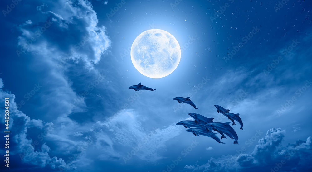Aufkleber a flock of dolphins jumping above the clouds with full blue moon 