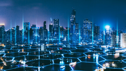 Smart Network and Connection city of Bangkok Thailand at night