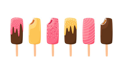 Ice cream set. Delicious colorful dessert. Popsicle, chocolate, banana, strawberry sundae with fruit topping. Summer elements for advertising, stickers, prints, sweet illustrations.