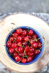 Bowl of fresh cherries, served in a garden. Selective focus.