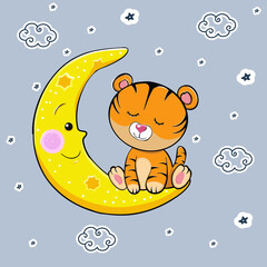 A cute cartoon tiger with closed eyes sleeps on the moon. Vector illustration. A beautiful kitten. Little kitten is sleeping