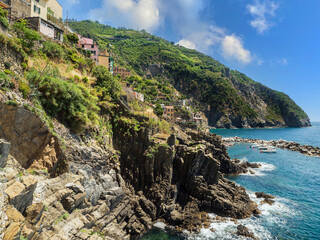 City on cliff rock on sea and gulf in Cinque Terre National Park in Italy in city.