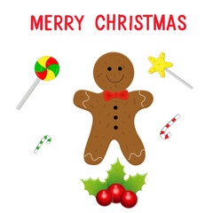 Holiday gingerbread man cookie. Cookie in shape of man with colored icing. Happy new year decoration. Merry christmas holiday. New year and xmas celebration. Vector illustration in flat style