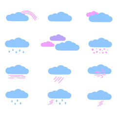 Cloudy weather minimalictic icons (rainy, cloudy, snowy, thunderstorm, rainbow)