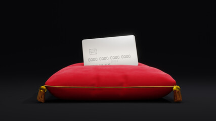 Card on red pillow with gold decor 3D illustration rendering