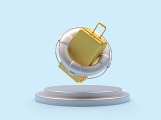 Golden travel suitcase with a silver lifebuoy on a stand. 3d illustration 