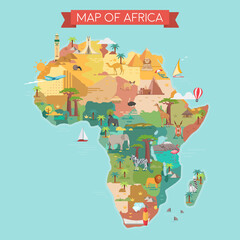 Africa tourist map with famous landmarks. - obrazy, fototapety, plakaty