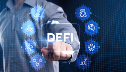 DeFi -Decentralized Finance on dark blue abstract polygonal background. Concept of blockchain, decentralized financial system